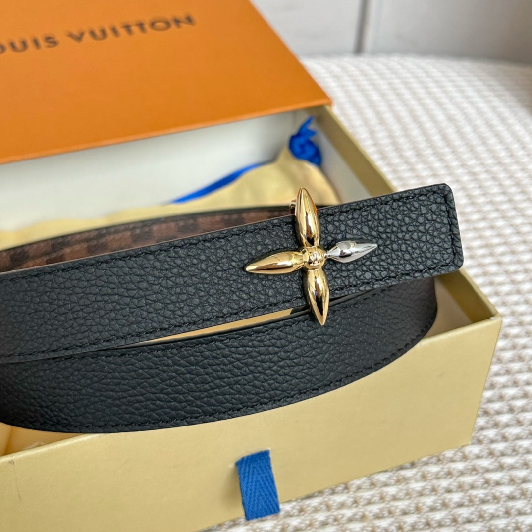 LV FLOWERGRAM 25 MM REVERSIBLE BELT IN BROWN DAMIER CALFSKIN GOLD MIX SILVER HARDWARE